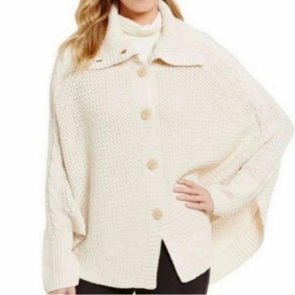 UGG Maribeth White Button Front Ribbed Cable Knit Wool Cape Cardigan Sweater